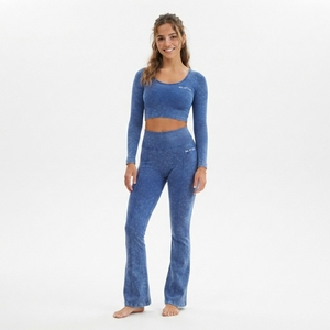 <b>Women</b> Blue Acid Wash Yoga Set Long Sleeve <b>Crop</b> Top High Waist Flare <b>Leggings</b> Gym Fitness Workout Activewear - Product Image 4