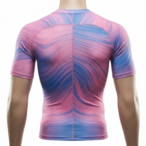 T-shirt de compression à manches longues pour homme, imprimé vague bleu rose, pour la gym, le fitness, la course, vêtement de sport performant, couche de base athlétique - Product Image 4