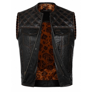 Gilet de motard personnalisé pour homme en cuir véritable gaufré crocodile, gilet de club moto haut de gamme avec doublure cachemire - Product Image 3
