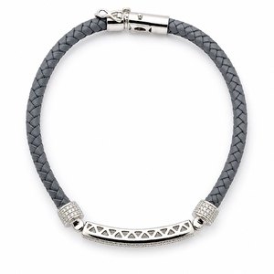 925 Sterling <b>Silver</b> Cubic Zirconia Bracelet High Polish Braided Leather Cord Modern <b>Mens</b> Unisex <b>Bangle</b> for Wedding Party Daily - Product Image 3