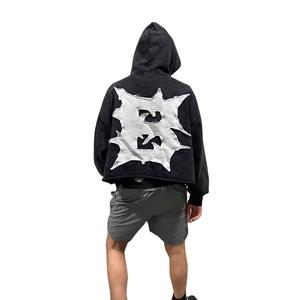 Haute qualité nouvelle mode Vintage haut court en détresse Patch personnalisé broderie lavé à l'acide français éponge sweats à capuche - Product Image 5