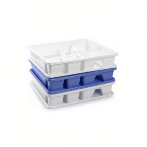 Scolapiatti in plastica quadrato impilabile con vassoio di drenaggio per lavello da cucina, bianco e blu - Product Image 2