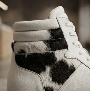 High Top Genuine <b>Leather</b> Cow Print <b>Sneakers</b> Round Toe Lace-Up Breathable Men's All Seasons Rubber Outsole EVA Midsole - Product Image 4
