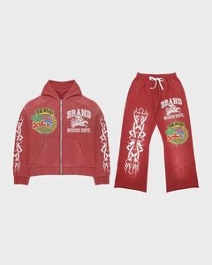 Red Tracksuit Set. Graphic <b>Zip</b> <b>Up</b> Hoodie & Wide Leg Pants. Streetwear Two Piece Set. OEM Private Label Manufacturer - Product Image 1