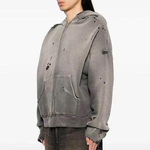 Sweat à capuche zippé oversize pour homme, effet délavé, imprimé par pulvérisation, en molleton, style streetwear - Product Image 2