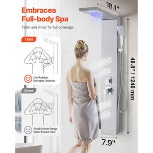 Colonne de douche en acier inoxydable brossé 53, système de colonne à 5 fonctions, pommeau de douche pluie et cascade, LED, accessoires pour salle de bain - Product Image 2
