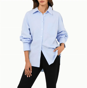 Chemisier habillé bleu clair pour femme, manches longues, boutonné, respirant, en polyester/coton, idéal pour le printemps et l'été - Product Image 3