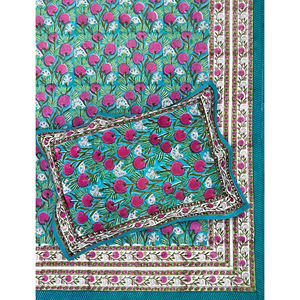 ผ้าปูที่นอนลายเรขาคณิตสีเขียวทะเลคู่ 200TC ผ้าฝ้ายพิมพ์ลายด้วยมือ ระบายอากาศได้ดี เหมาะสำหรับใช้ในบ้าน โรงแรม และงานตกแต่ง - Product Image 1