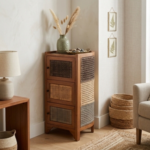 New Modern <b>Minimalist</b> Tri-Muka Wooden Storage Cabinet Natural Rattan Webbing 3 Doors Tri-Color Side <b>Table</b> Storage Nightstand - Product Image 2