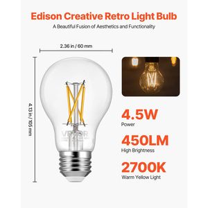 Paquete de 6 Bombillas LED A19 de Filamento Estilo Edison, Regulables, 4.5W, 450 Lúmenes, 2700K, Blanco Cálido, Base E26 - Product Image 2