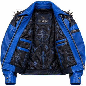Royal Blue Genuine Leather <b>Jacket</b> <b>Womens</b> Gothic Crown Graphic Spiked Stud Collar Zip Biker Coat Bespoke OEM ODM Supplier - Product Image 5
