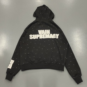 Custom <b>Mens</b> Rhinestone Hoodie Cut and Sew Hoodie Acid Wash Oversize <b>Pullover</b> Applique Patchwork Boxy Fit <b>Men</b> Distressed Hoodie - Product Image 2