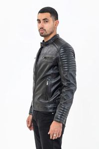 Chaqueta de moto para hombre de cuero PU negro, cuello alto, cierre de cremallera, corte ajustado, longitud regular, color sólido, en venta. - Product Image 3