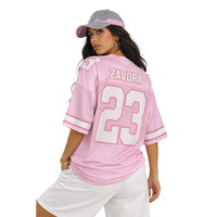 Jersey Sepak Bola Amerika Pendek Custom Bernapas Cepat Kering 100% Poliester Pink Sublimasi Bordir Cetak Unisex OEM