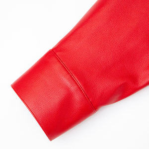 Red PU Leather Safari <b>Jacket</b> Turn-down Collar Full <b>Sleeve</b> Belt Closure Solid Color <b>Short</b> Length Utility Style Autumn Wear - Product Image 4