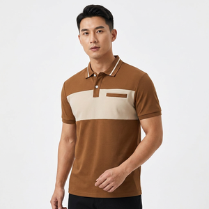 Polo pour homme en maille tricolore marron à manches courtes, décontracté, avec poche - Product Image 4