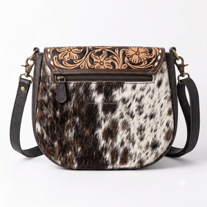 Bolso bandolera de cuero vacuno estilo vaquera occidental con solapa de cuero repujado floral, ribete de cuero negro y correa de hombro ajustable, estilo bohemio. - Product Image 2