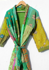 Bata de dormir informal de longitud completa para mujer, verde, con patchwork, manga corta, bordado a mano, de algodón y fibra de bambú - Product Image 2