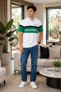 Polo de Manga Corta para Hombre, Color Blanco con Bloques de Color, Rayas Verdes y Estampado de Letras - Product Image 6