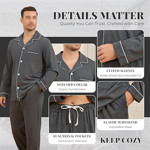 <b>Men</b> Long Sleeve <b>Pajama</b> <b>Set</b> Solid Color Knitted Cotton Sleepwear With Pockets Autumn Casual Wear - Product Image 4