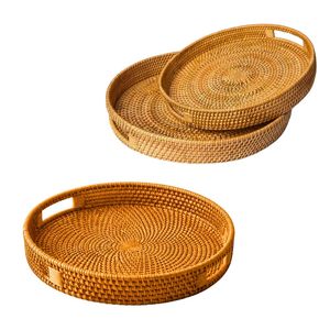 Panier/Plateau en rotin tressé PHU HAO fait main, écologique, pour la décoration de la maison, avec poignées, gain de place, rond, multi-usages, pour servir et ranger - Product Image 1