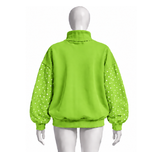Lime Green Oversized Women Mock Neck Sweatshirt Pearl Studded Sleeve Pullover Loose Fit Casual Streetwear Long Sleeve <b>Winter</b> <b>Top</b> - Product Image 2