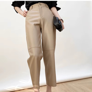 Pantalon en cuir véritable blanc pour femme, pantalon large taille haute en peau de mouton, polyvalent, décontracté, coupe droite, tendance, végétalien - Product Image 5
