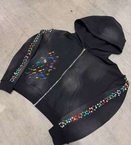 Sweat à capuche d'hiver pour homme avec fermeture éclair intégrale, décoration de manches en strass, logo personnalisé, vente en gros, style urbain, respirant, écologique - Product Image 1