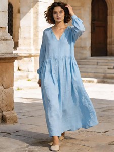 Robe longue ample bohème unie pour femme, manches longues, col en V, coupe fluide, idéale pour l'été - Product Image 4