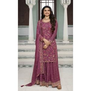 Heavy Chinon Palazzo Suit con impresión digital y bordado de secuencia Salwar Kameez de moda para fiesta y boda - Product Image 1