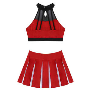 Ensemble d'uniformes de cheerleading rouge et blanc de qualité supérieure avec crop top orné de strass, encolure en maille et jupe plissée pour performance d'équipe - Product Image 5