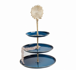Elegant <b>3</b>-<b>Tier</b> Metal <b>Cake</b> <b>Stand</b> With Gold Flower Top Blue Round Trays Handmade Multi-Layer Display For Wedding Events Restaurant - Product Image 1