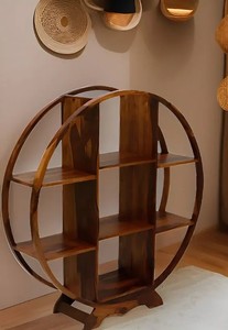 Solid Wood Round Display Shelf Hand Carved Circular <b>Bookcase</b> Multi-Tier Storage Rack for Living Room | Pindel Handicraft - Product Image 5