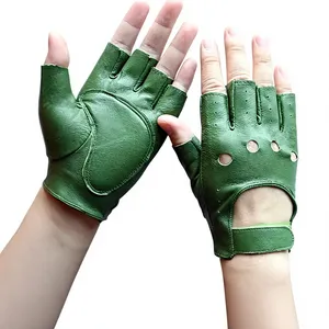 Guantes de fitness unisex de medio dedo, de piel de cabra verde, con correa de muñeca ajustable para levantamiento de pesas en el gimnasio. - Product Image 1