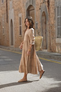 Women's 100% Cotton Tiered Maxi <b>Dress</b> | Sleeveless Loose Fit Solid Sweet Simple Boho Slits | Custom OEM ODM Manufacturer - Product Image 3