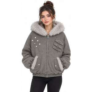 Women's Hooded Fleece <b>Jacket</b> With Fur Collar And Pockets Casual Winter Coat Gray Short Sleeve Style - Product Image 2