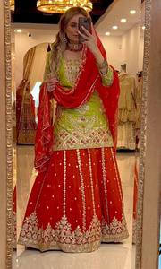 <b>Green</b> Embroidered <b>Silk</b> top plazzo With Red Lehenga Traditional Indian Pakistani Wedding Wear Women Floor Length Regular Fit - Product Image 2