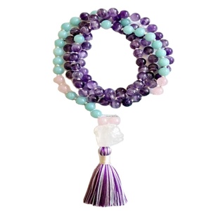 Collier Mala en perles d'aquamarine naturelle de 8 mm en forme de boule, 108 perles, plaqué or jaune et rhodium, cadeau de yoga finement perlé - Product Image 3