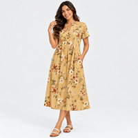 Robe midi florale moutarde pour femme, manches courtes, boutonnée sur le devant, coupe trapèze, avec poches, décontractée, pour l'été – Fournisseur de vêtements en gros OEM ODM
