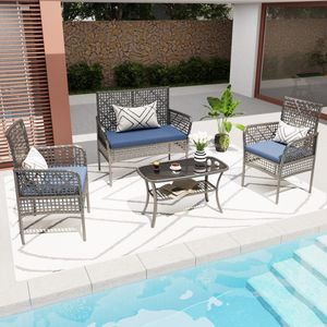 Set di Mobili da Giardino in 4 Pezzi, Sedie in Rattan PE con Tavolo in Vetro Temperato e Cuscini Morbidi - Product Image 2