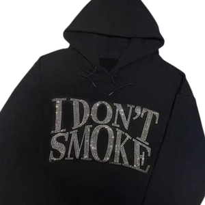 Sweat-shirt à capuche noir pour homme avec texte en strass, style streetwear, en molleton de coton, logo personnalisé, vente en gros - Product Image 3