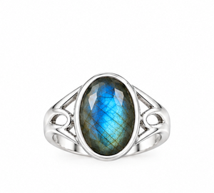 Labradorite Silver Ring, Oval Labradorite Gemstone Ring, Sterling Silver Statement Ring, Blue <b>Flash</b> Gemstone Jewelry, Handmade R - Product Image 1