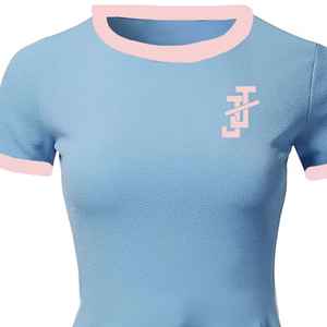 Camiseta JJ Peplum Ringer para Mujer, Manga Corta, Ribete en Contraste, Dobladillo Acampanado, Estilo Casual Griego, Top de Algodón - Product Image 5