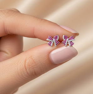 Boucles d'oreilles à nœud papillon mignonnes en argent 925 avec micro-incrustation de rubis, bijoux pour femmes à porter au quotidien - Product Image 3