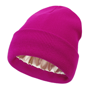 Bonnet en acrylique doublé satin, bonnet d'hiver tricoté, couleur unie, bonnet à revers, unisexe, décontracté, chaud, pour adultes - Product Image 3