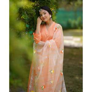 Ensemble de costume ample vintage en mousseline orange peinte à la main Uma XS, motif floral, tenue ethnique pour femme, idéal pour les fêtes d'été - Product Image 2