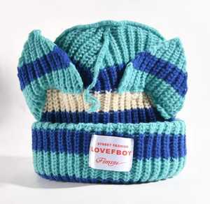 Knitted Beanie <b>Hat</b> <b>Cat</b> Ears Color Blocking Stripes Unisex Adult Winter Adjustable Breathable Waterproof Handmade Cute Street - Product Image 1