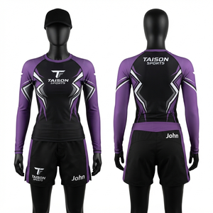 Rashguard de BJJ para Mujer, Premium, Tela de Alto Rendimiento de 240 GSM, Paneles Laterales Negros y Morados, Impresión por Sublimación Personalizada - Product Image 1