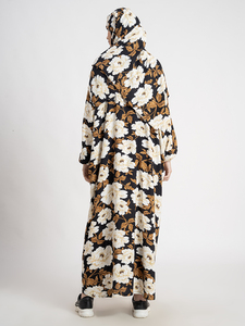 Gorgeous Floral Printed <b>Satin</b> Muslimah Maxi Dress with Long Sleeves and Matching <b>Hijab</b> Traditional Islamic Kebaya Baju Kurung - Product Image 2