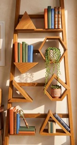 Estante de madera para plantas con forma de escalera para decoración de sala de estar y balcón, entrada, pasillo y esquina, hecho a mano en India. - Product Image 3